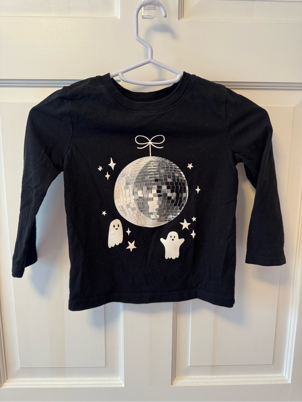 Halloween Black Long-Sleeve Tee with Silver Disco Ball & Ghosts